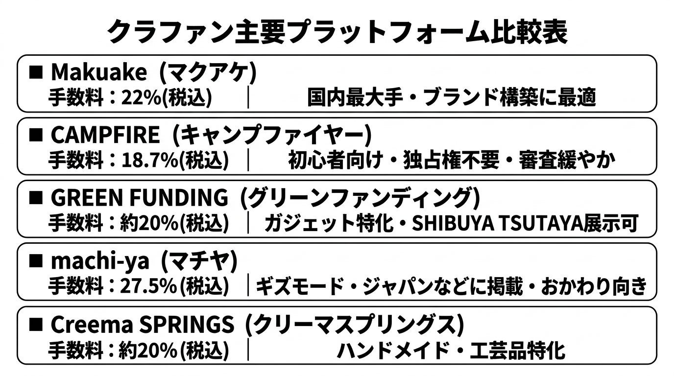 クラファン主要プラットフォーム比較表 ─ Makuake / CAMPFIRE / GREEN FUNDING / Wadiz
